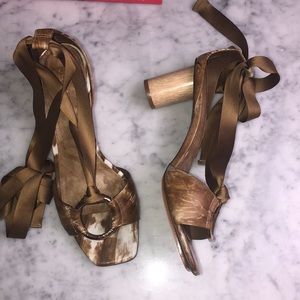 Ulla Johnson Bronze Satin Tie-Strap Block Heel Sandals